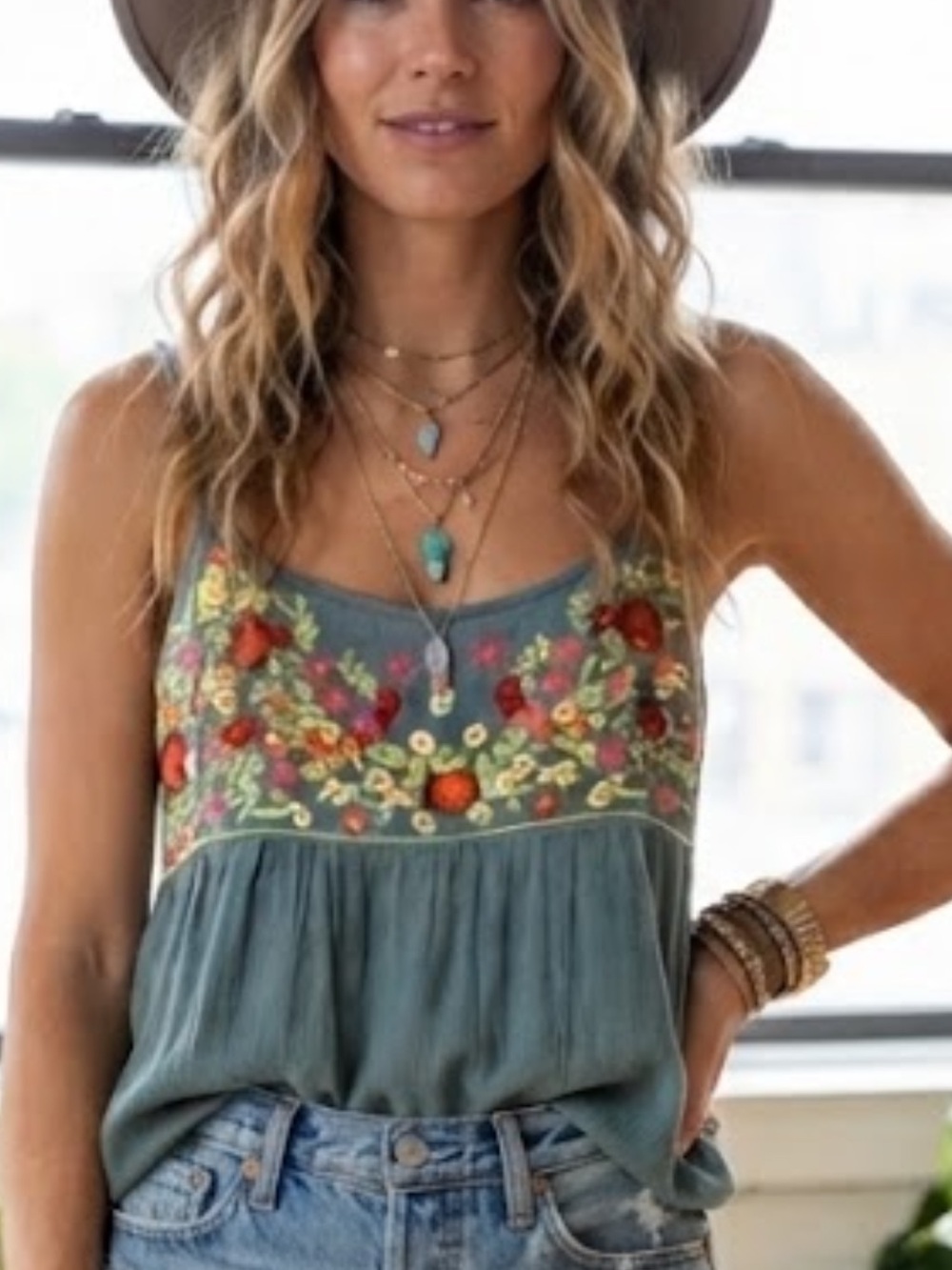 Sim & Sam Floral Embroidered Boho Babydoll Tank Top Dusty Blue NWT Large